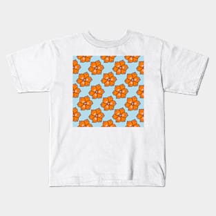 Chintzy orange floral repeat pattern in blue Kids T-Shirt